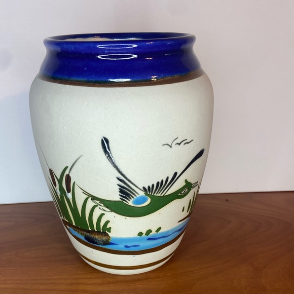 Mexican Tonala Pottery Vase 6” Black Swan Bird Mexico Folk Art Blue Green Brown - Picture 3 of 7